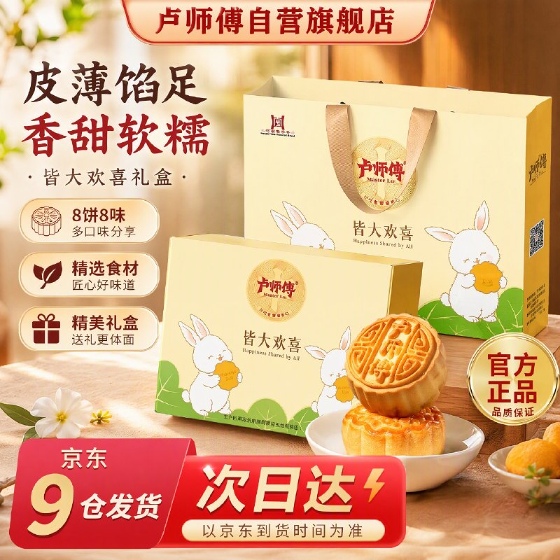 自营卢师傅 皆大欢喜月饼礼盒398g拍7件168.37元；折24/盒；8饼8味