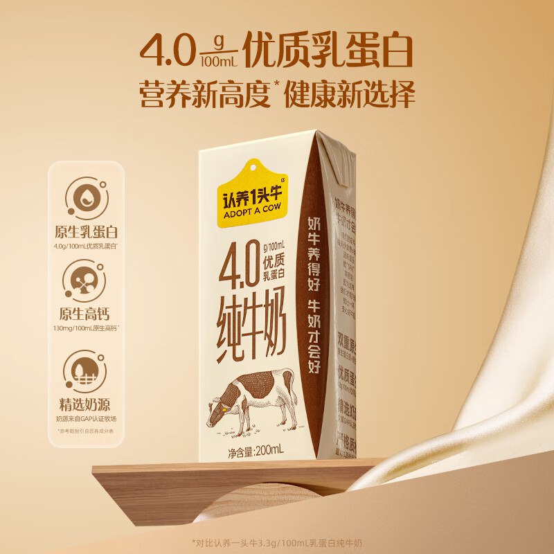 2.1/盒！认养一头牛 4.0g纯牛奶拍下79元得【200ml*18盒*2箱】下单自动叠99-20卷，忦各成立