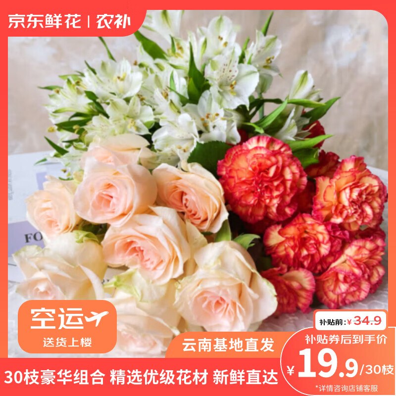 自营京东鲜花 玫瑰+康乃馨+送六初0.6/枝！拍下19.9元得【30支(含赠)】