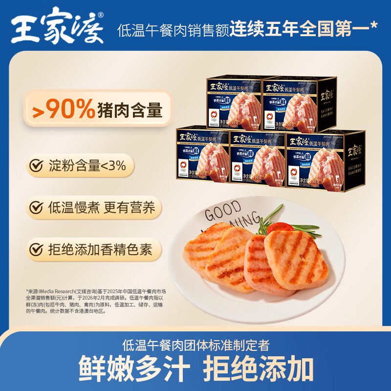 王家渡 低温午餐肉 198g*5盒拍下【69.9元】赠午餐肉198g+烤肠120g*2盒；留意赠品