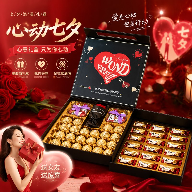 叠首购79.9元 自营德芙双层巧克力手提箱礼盒*七夕情人节礼物 送彩灯+花束领 