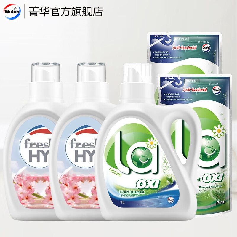 44.9元 威露士 la有氧洗衣液4件套松木1L*1瓶+500ml*2袋+樱花1L*2瓶领 