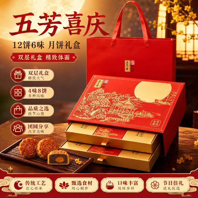 五芳斋 喜庆双层月饼礼盒720gplus拍下56.86元；12饼6味 送礼袋领 