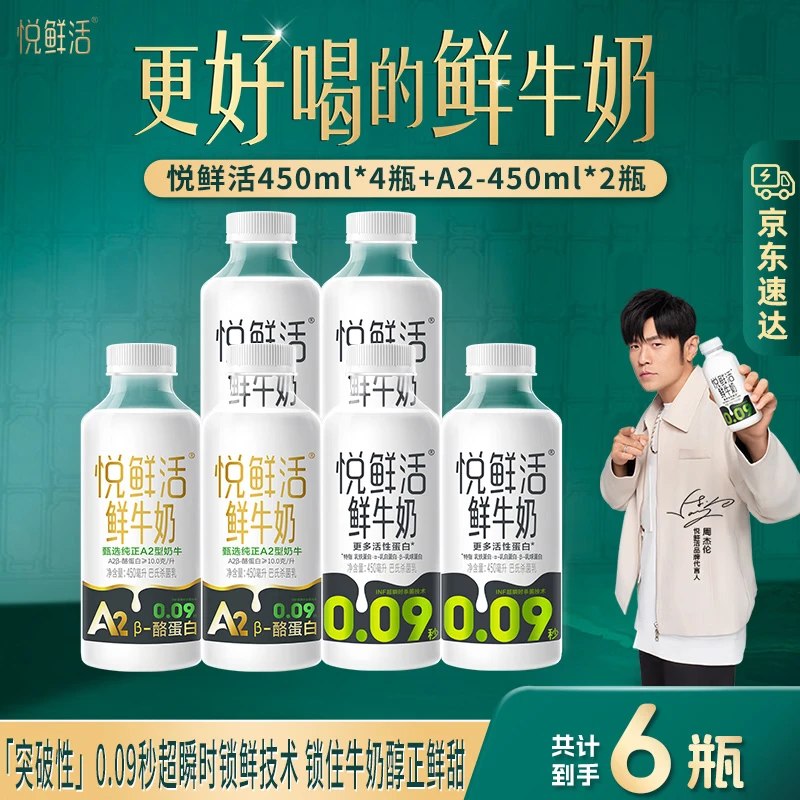 悦鲜活 鲜牛奶组合 450ml*6瓶折6.8/瓶！！拍下【40.9元】领 